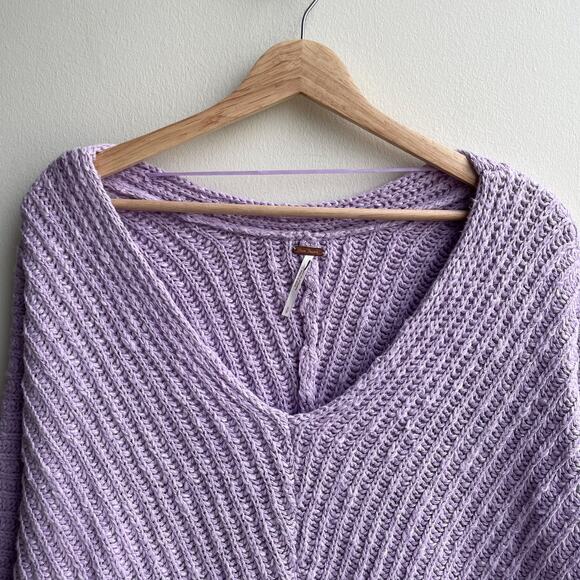 Free People Oversized Sweater Sunset V Neck Ribbed Pullover Lavender Purple Sz S - Picture 12 of 13